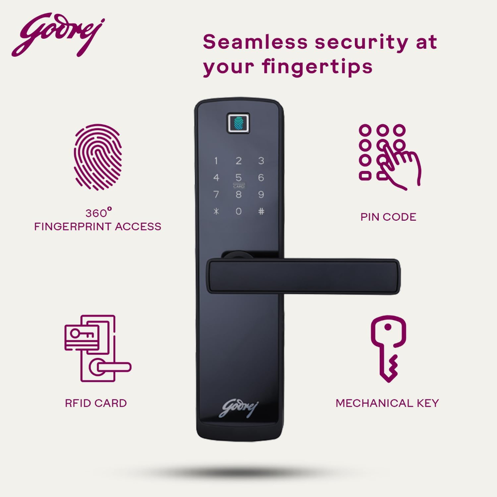 Godrej Smart Lock I Catus Connect I Digital Lock for Wooden Door |5 in 1 Access IWiFi I Fingerprint I RFID Card I PIN Access I Mechanical KeyI 3 Dead Bolts I Black I 3 Yrs Warranty| Free Installation